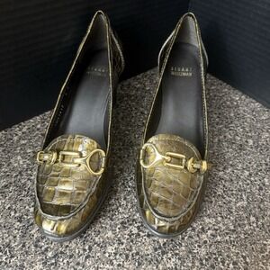 Stuart Weitzman Croc Embossed Leather Block Heel Loafers 7M Olive Green Gold Bit